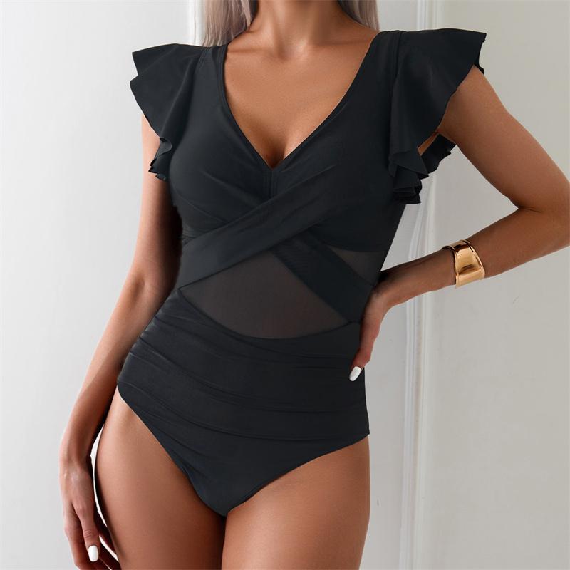 Однотонные купальные костюмы, летний купальный костюм с пуш-ап и v-образным вырезом, пляжное монокини, женский цельный купальник с рюшами, женский купальник