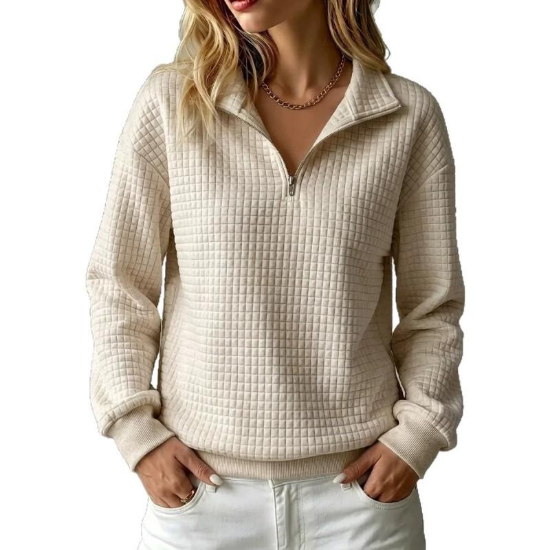 2026 Womens Waffle Knit Stand Collar Zip-Up Long Sleeve Pullover Hoodie Solid Color Casual Top