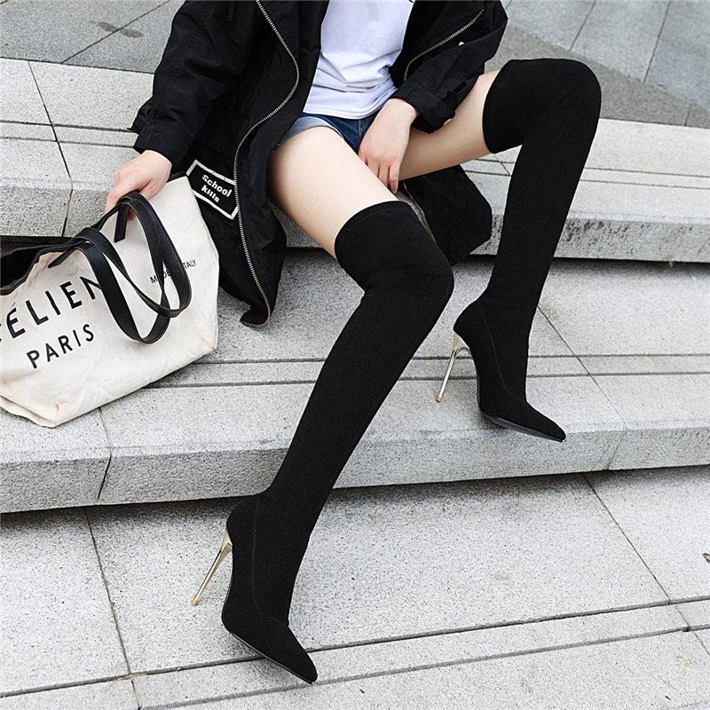 Женские сапоги на высоком каблуке, сексуальные сапоги в европейском и американском стиле, на тонком каблуке с острым носком и леопардовым принтом, большие размеры, эластичные сапоги