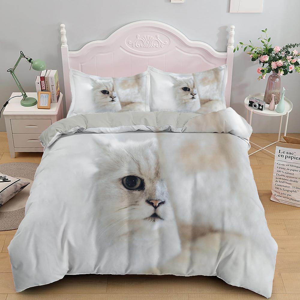 White Cat King Queen Duvet Cover Kawaii Pet Kitty Bedding Set For Kids Teens Adults Family Animal 2/3pcs Polyester Quilt Cover