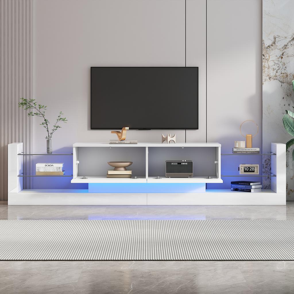 High-Gloss TV Cabinet with LED Lighting, 181 cm – For TVs up to 80 Inches, Glass Front, Two Folding Drawers