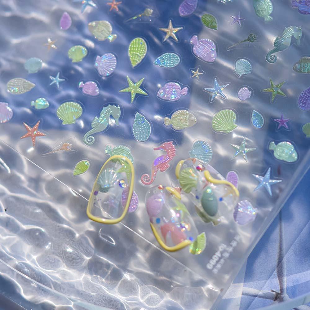 Сине-зеленые наклейки для ногтей с изображением океана, блестящие стеклянные украшения для ногтей с изображением дельфина и океана для женщин и девочек