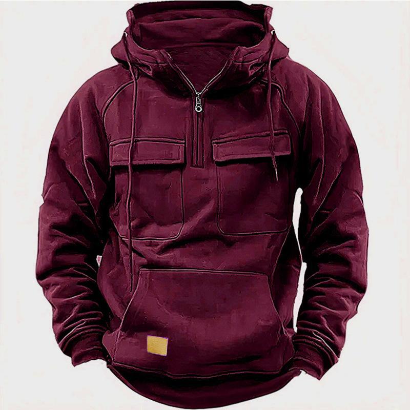 New Men's Solid-Colour Hooded Sweatshirt with Multiple Pockets Leather-Patch Detail Zip-Up Jacket