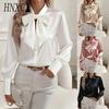Женская мода Повседневные однотонные блузки и рубашки с принтом, с длинным рукавом, с воротником поло