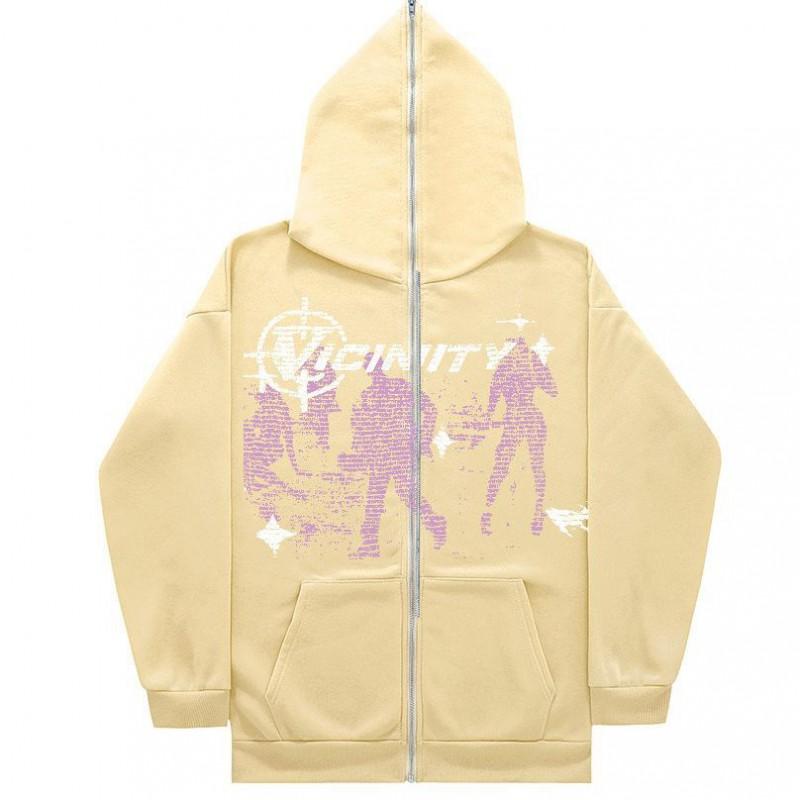 Oversized Hooded Zip-Up Sweatshirt With Vintage Graphic Print Streetwear Unisex Casual Pullover
