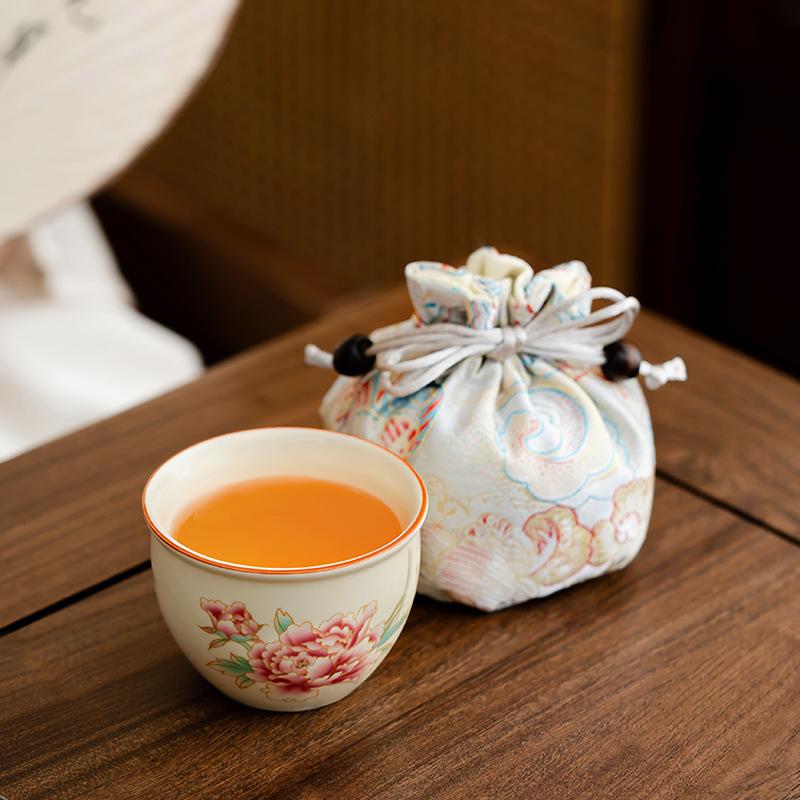 Chinese Tianxiang Peony Ru Kiln Master Cup Retro Embroidery Cloth Bag Set Large Capacity Cylinder Cup Event Commemorative Gift