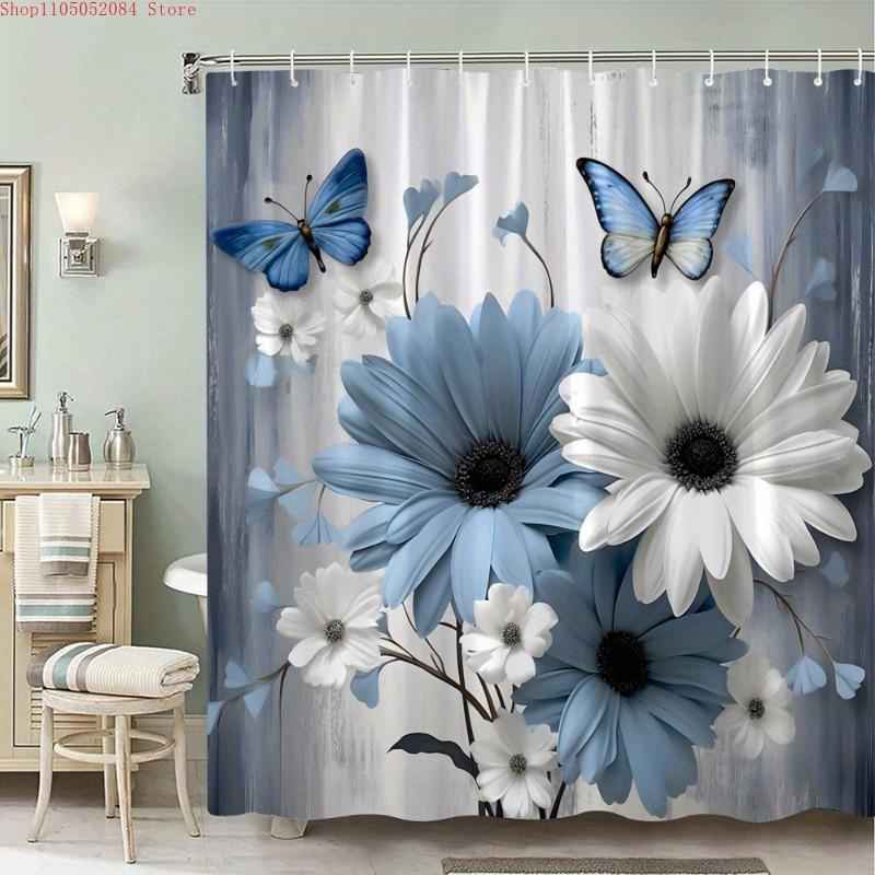 1pc blue white daisies butterflies shower curtain polyester- With Hooks Waterproof Mildew Proof Easy Install Washable