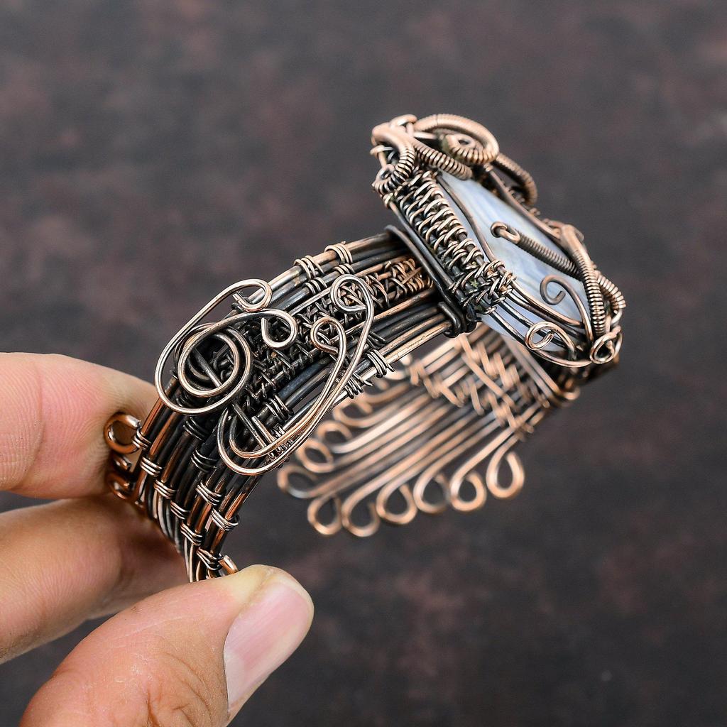 Браслет из голубого кружевного агата, браслет-манжета из медной проволоки с драгоценными камнями, ювелирные изделия ручной работы, регулируемый браслет-манжета, подарок для мамы, ювелирные изделия из медной проволоки