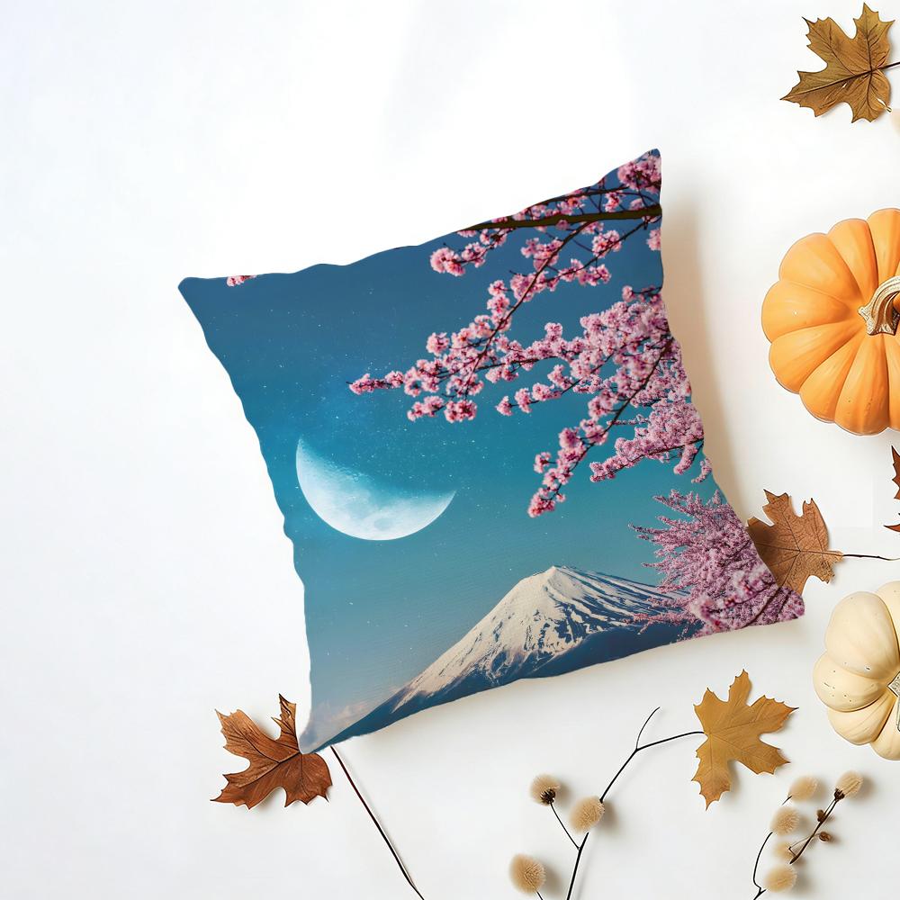 Japanese Cherry Blossom Fuji Mountain Sunset Cushion Cover Washable Linen Pillowcase Soft for Daily Sofa Bed Home Room Decor