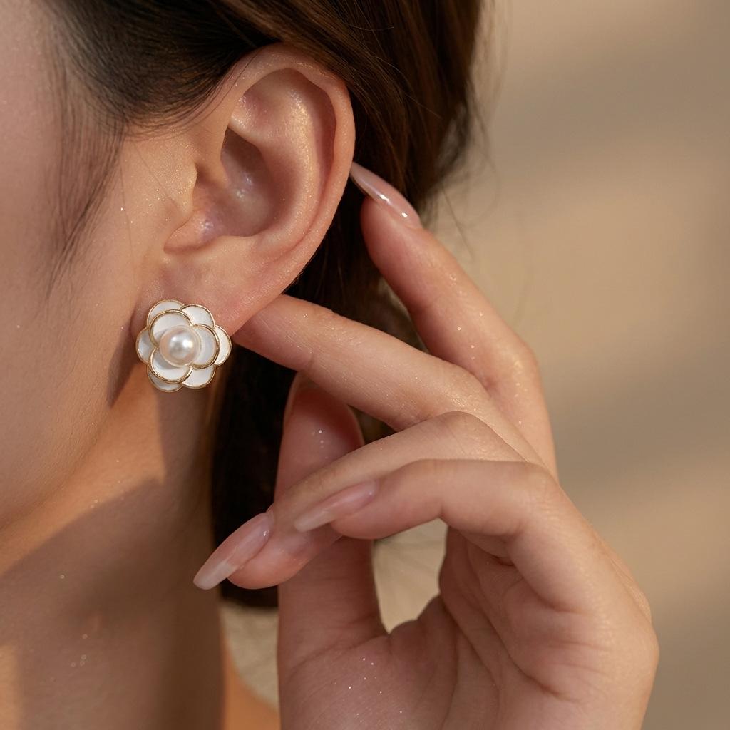 White Rose Camellia Elegant Style Camellia Pearl Earrings for Women 9 Silver needle, light luxury, high-end French style