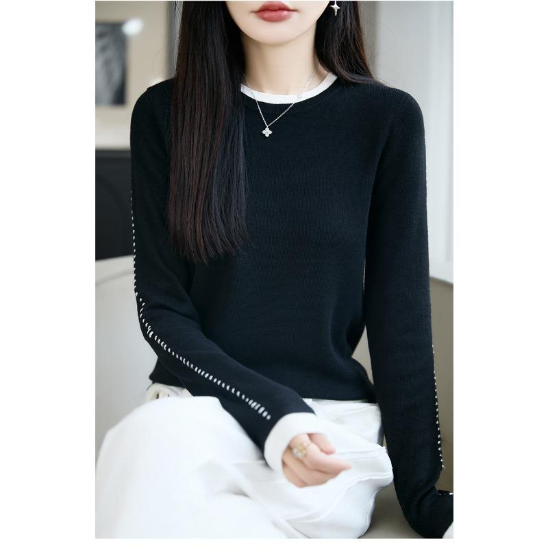 Autumn and winter worsted wool sweater crew neck knitted sweater long sleeve women's color matching loose pullover bottoming shirt top
