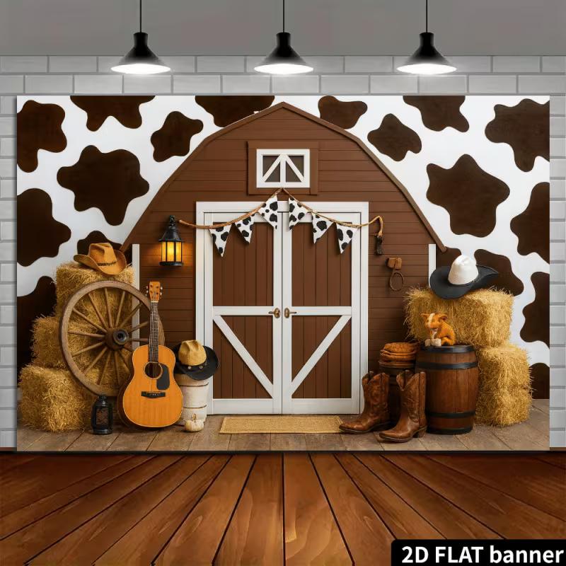 2D Vintage Farm Cowboy & Barn Birthday Party Decoration Backdrop