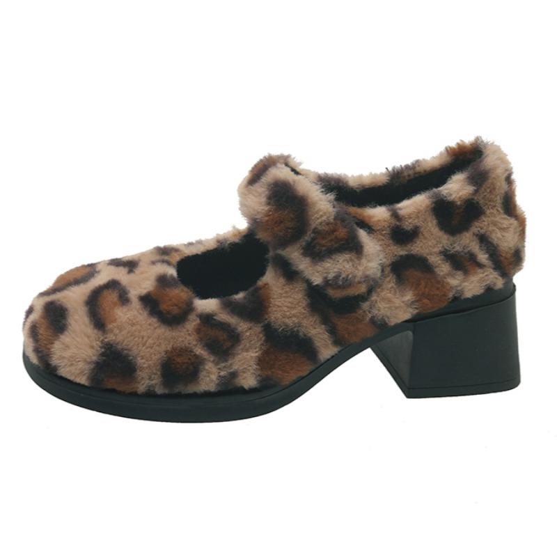 Женские туфли Marie Janes с леопардовым мехом на высоком каблуке, зимние теплые туфли из плюша и хлопка 2025 года, модные туфли-лодочки для ходьбы Zapatos Mujer