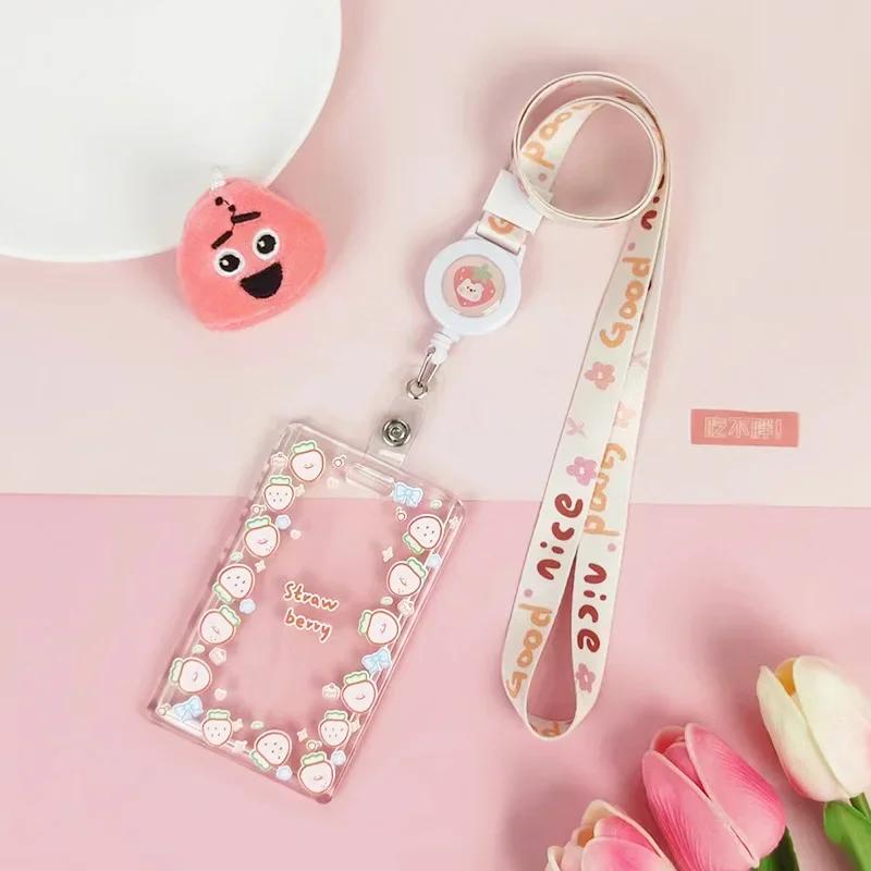 Милый прозрачный чехол для карты на шнурке, чехол для студенческой автобусной карты, чехол для мультяшной рабочей карты, держатель для кредитной карты с пружинным шнуром