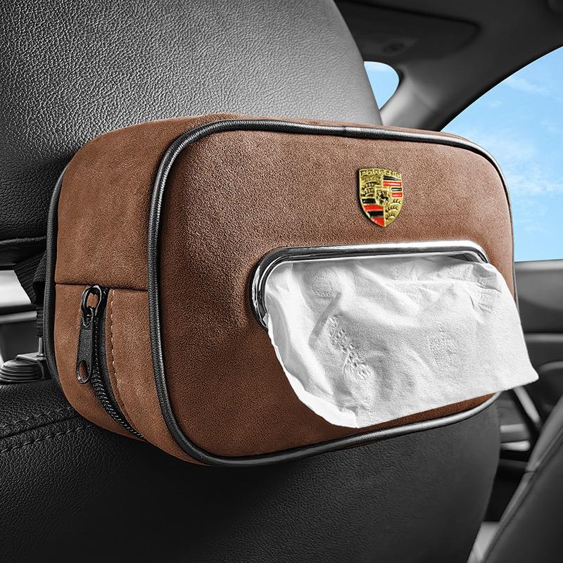 Car Tissue Box Suede Car Center Console Armrest Napkin Box Sun Visor Tissue Case For Porsche Macan Panamera Cayenne Cayman 911 GO3