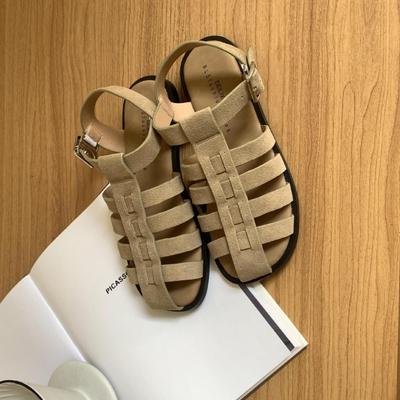 Женские летние ретро повседневные сандалии из плетеной воловьей кожи с полым верхом, туфли-клетка для свиньи с закрытым носком