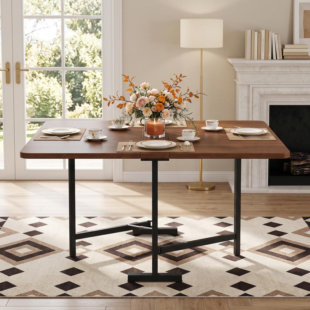 Elegant Modern Minimalist Dining Table - Extendable 120 cm x 80 cm, foldable and stored table, high-strength alloy support, walnut wood color