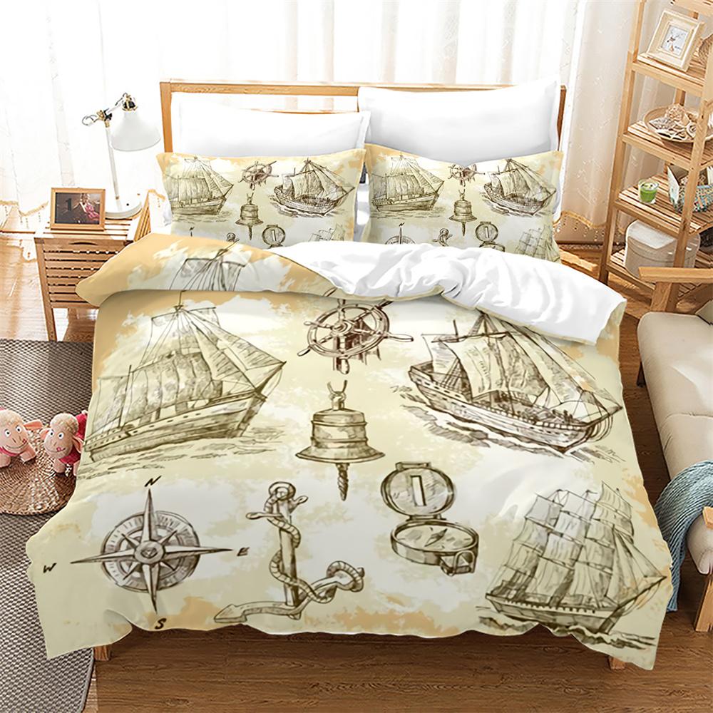 Pirate Ships Duvet Cover Set Vintage Nautical Style Comforter Cover Polyester Bedding Set Medieval Sailing Ship King Queen Size