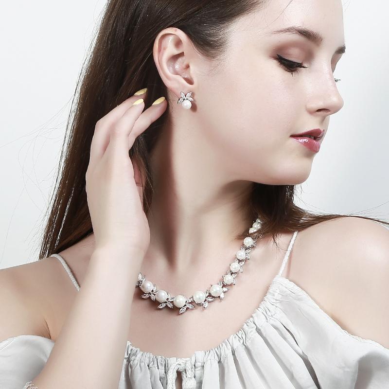 CMM блестящий кубический цирконий, круглый большой искусственный жемчуг, свадебное ожерелье, серьги, комплекты ювелирных изделий для женщин