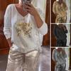 Women V-neck Top with Long Sleeves Devil's Eye Hot Stamping Casual T-shirt Breathable Stylish Design Blouse