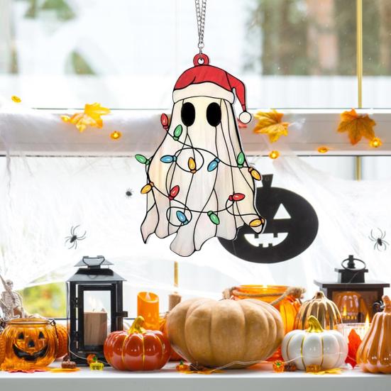 Хэллоуин Милый Призрак Ловец Солнца Витражный Стиль Акриловый Подвесной Декор для Окна Призрак Ловец Света для Украшения Окна Стены