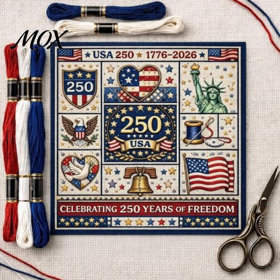 Segmented Embroidery Pattern 250th Anniversary Cross Stitch Kit, Independence Day Theme, Red White Blue Threads Patriotic Set, USA Patterns