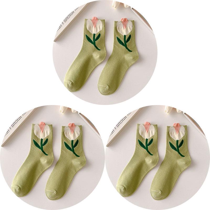 3 пары хлопковых женских носков, повседневные, дышащие, в японском и корейском стиле, с мультяшным цветочным принтом, конфетных цветов, модные женские носки средней длины