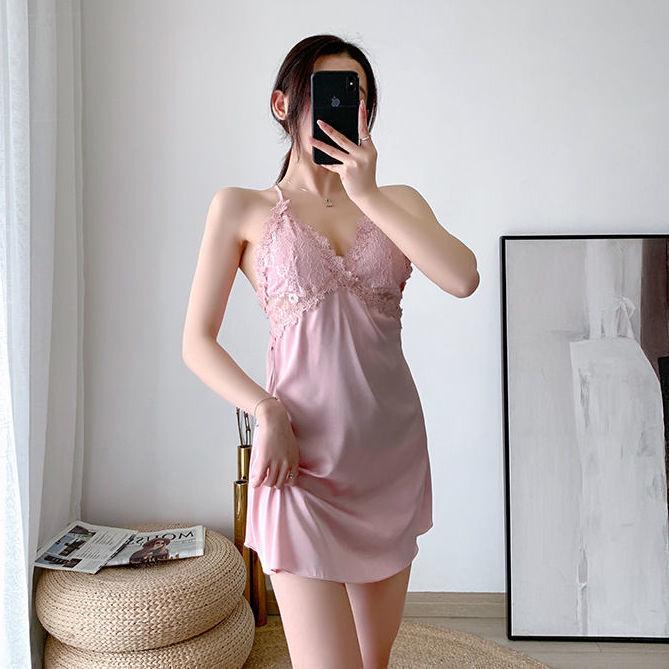 Korean Style Ice Silk Lace Backless Nightdress - Summer Sleepwear Short Skirt for Small Chest