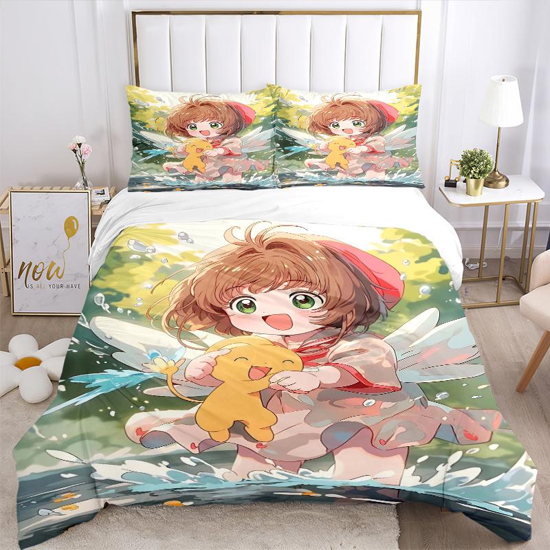 3pcs Anime Sakura and the Elf Printed Quilt Set - Soft and Comfortable Quilt Cover for Bedroom, Guest Room L003