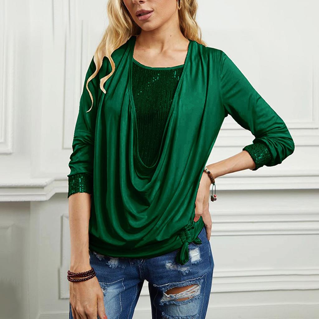 Женский сплошной цвет с блестками и длинным рукавом, большой воротник с подвеской, свободный топ из двух частей с завязками