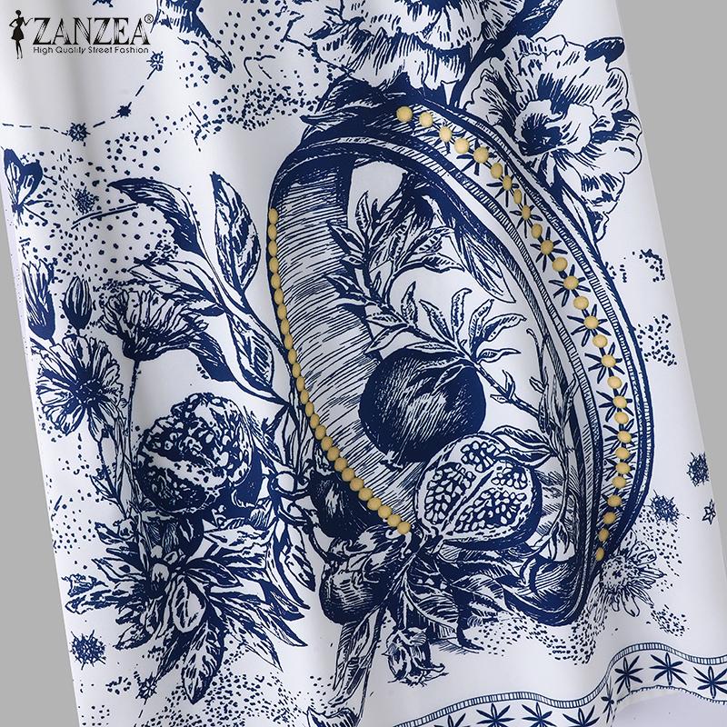 ZANZEA Женские летние платья с круглым вырезом и коротким рукавом с принтом на талии