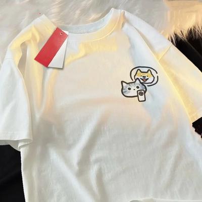 Принт Кошка Собака и Мобильный Телефон Женская Футболка с Круглым Вырезом и Коротким Рукавом Мягкая Удобная Уличная Одежда Летняя Мода Женская Одежда