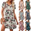 Women's Petal Short Sleeve V Neck Loose Flower  Print Swing Sundress With Pockets