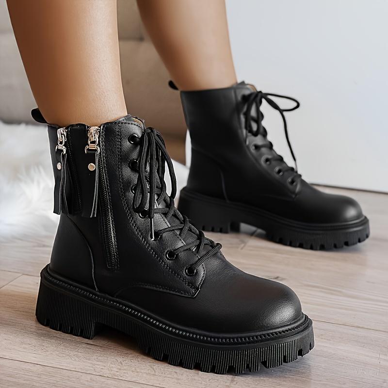 Mid Heel Platform Ankle Booties Women's Casual Ankle Booties Platform Lace-Up Boots Winter Round Toe Comfort Shoes