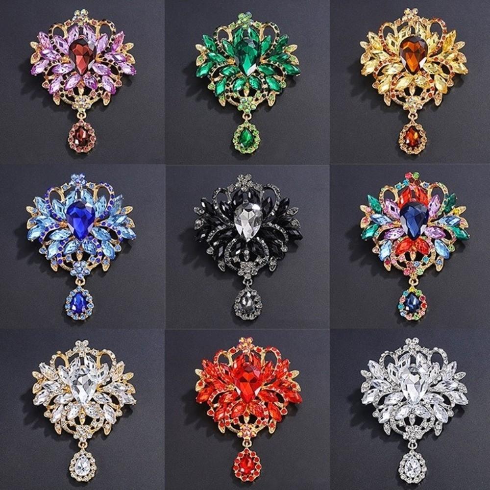 Multicolor Rhinestone Brooch Water-drop Dangle Brooch Vintage Crystal Brooch Evening Gown