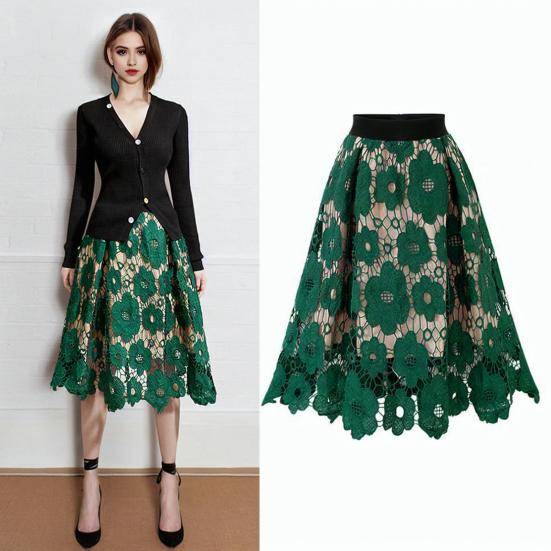 Женская юбка с высокой эластичной резинкой на талии, ажурное кружево с цветочным принтом, большая распашная двухслойная юбка до середины икры, женская вечерние юбка-миди для поездок на работу