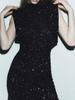 Y2K Winter Black Sequin Mini Dress with Shoulder Pads - Sleeveless Evening Wear