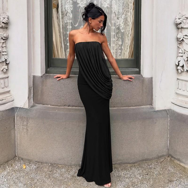 Womens 2026 Fashion Dress Asymmetrical Strapless Mesh Pleated Gown Sexy Slim Fit Party Cocktail