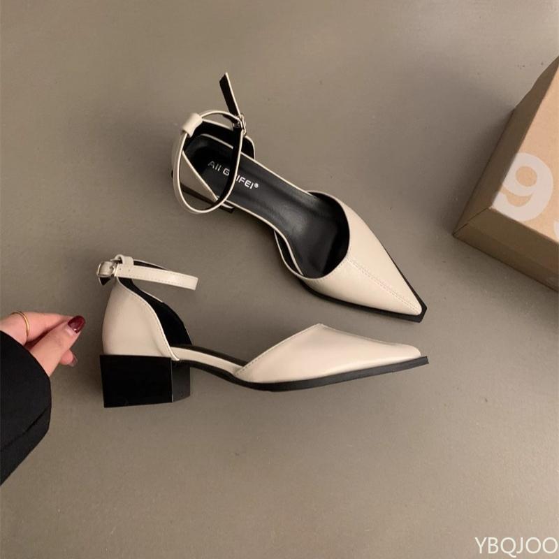 Fashion Spring Summer New Niche Temperament Single Shoe Shallow Mouth Simple Comfortable Versatile Casual Black Mid Heel Pointed Sandals