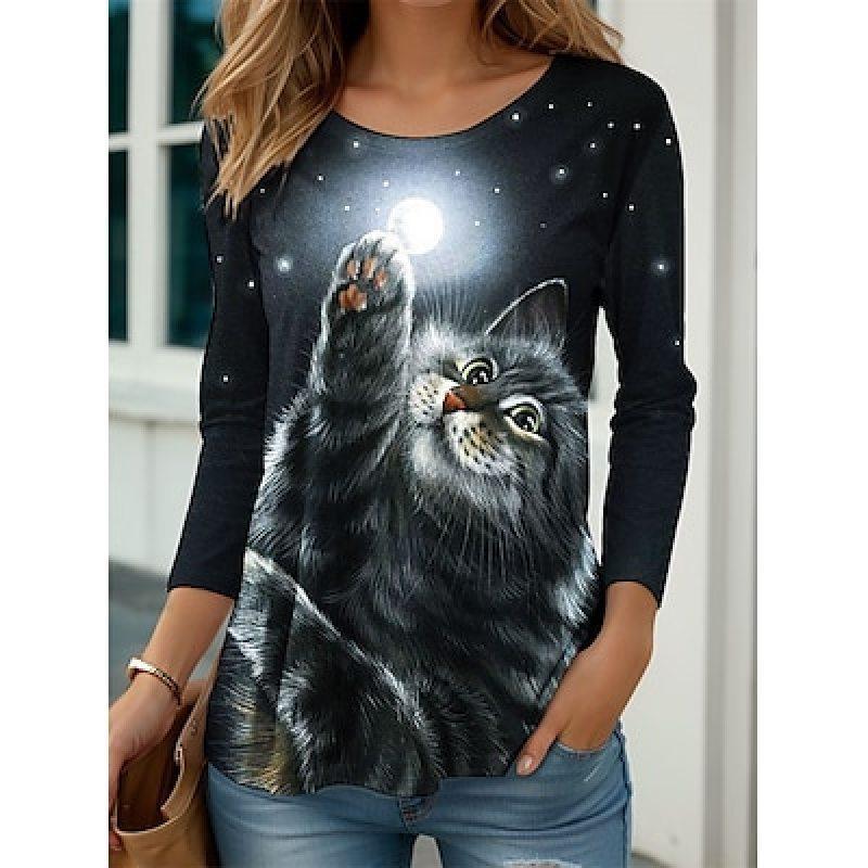 Women's 3d Colorful Cartoon Kawaii Cat Print Autumn Long Sleeve Tops Women's T-Shirt O-Neck Oversized Ladies Clothing