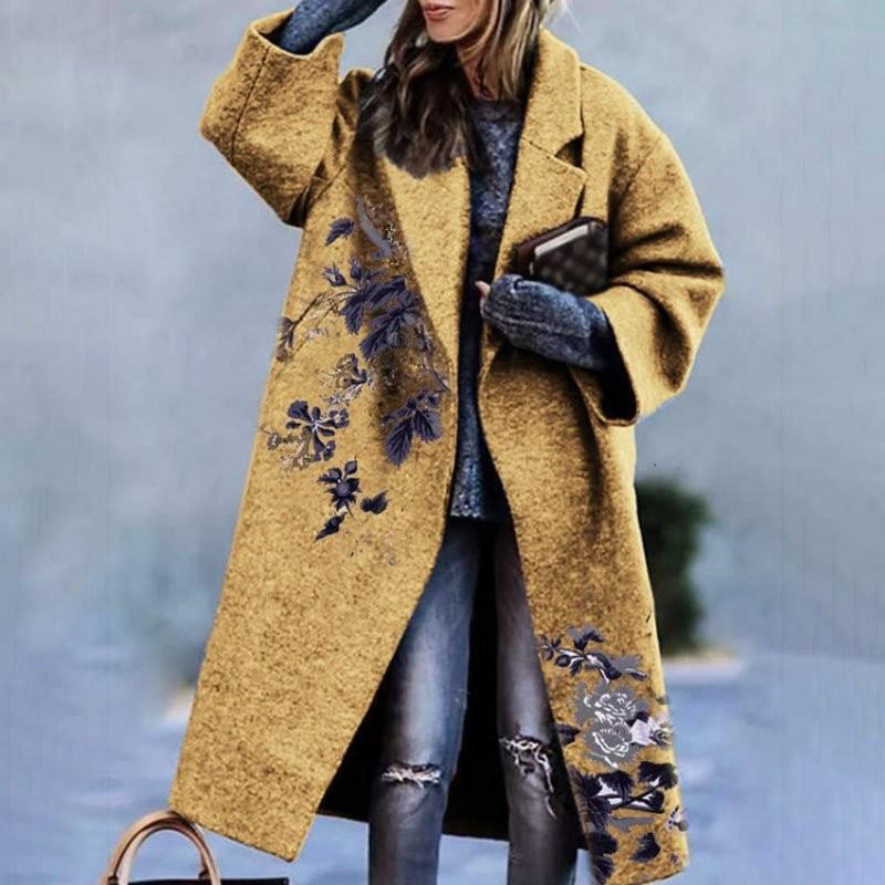 Europe And The United States Fall Women's Long-sleeved Lapel Coat Printed Tweed Long Coat