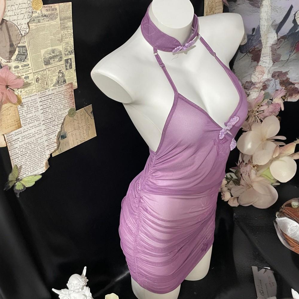 Сексуальное нижнее белье Pure Desire Фиолетовый Cheongsam Сексуальная пижама Женская антикварная бабочка Любовь Цветок Перспектива ремень Униформа Бесплатно