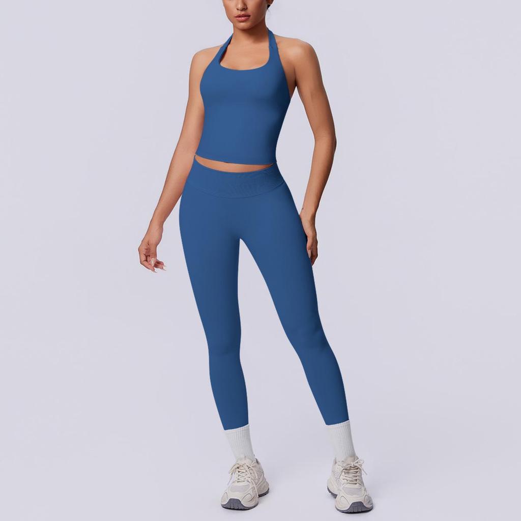 Бесшовный Однотонный Комплект Bodycon с Вырезом на Спине для Йоги и Бега