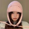 Solid Color Lace-up Knitted Hat Female Face Small Autumn and Winter Versatile Ear Protection Student Warm Wool Hat