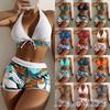 Women's Fashion Two Pieces Padded Printed Bikini Swimsuit Halter Backless Top Boyshorts Swimwear Set High Waisted Tankini Bathing Suit