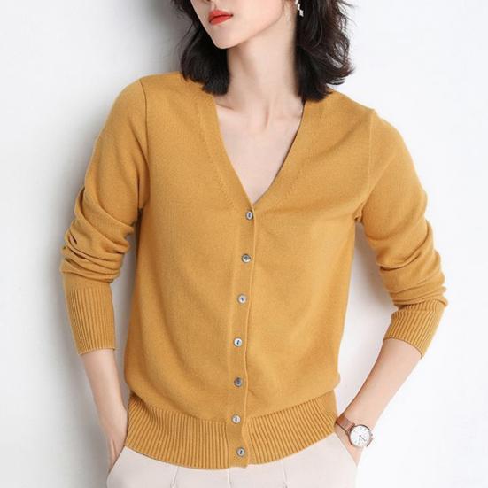 Women Sweater Coat V-neck Long Sleeve Single Breasted Knitting Sweater Solid Color Ribbed Trim Warm Knitted Cardigan