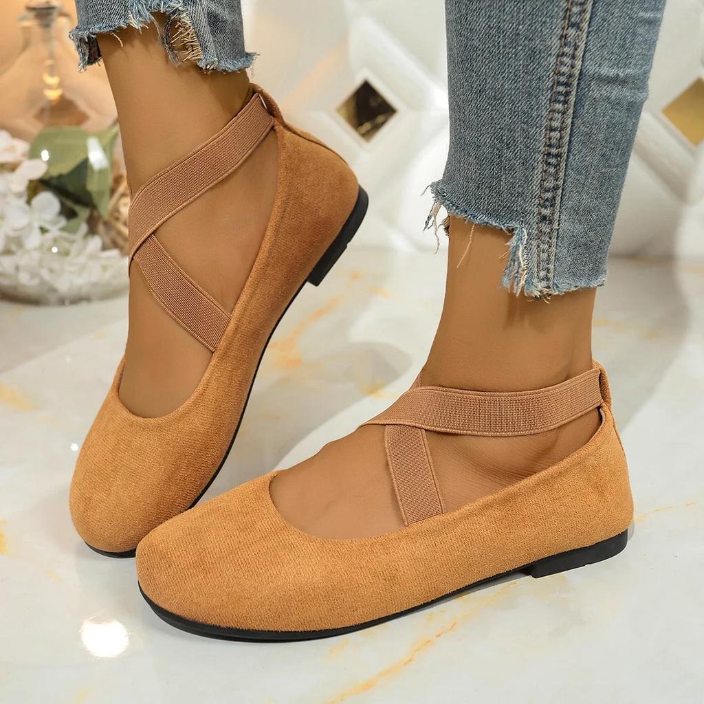 Sweet Suede Cross Strap Slip On Ballet Flats Women 2025 Summer Round Toe Flat Heels Shoes Size 43 Fashion Solid Mary Jane Shoes