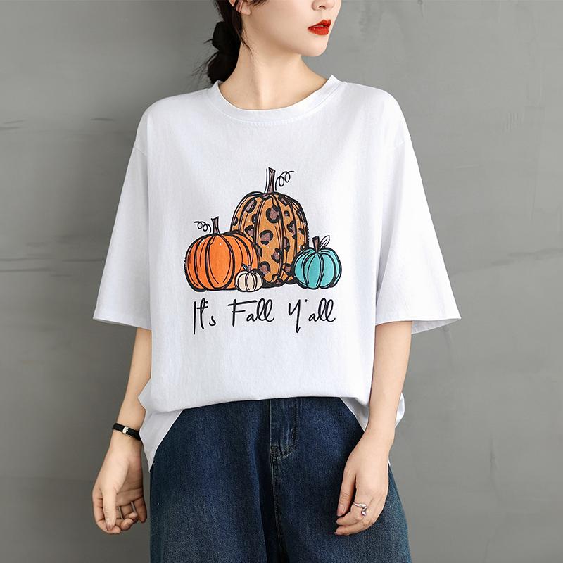 Dimanaf 2025 Женская новая летняя свободная футболка с принтом больших размеров с короткими рукавами из хлопка в винтажном стиле, футболки макси