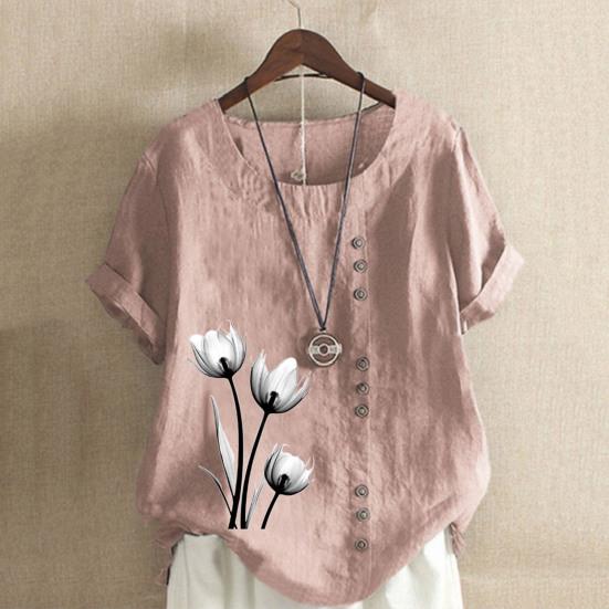 Женская летняя футболка с короткими рукавами и круглым вырезом, пуловер с пуговицами, декор с цветочным принтом, винтажный стиль, женский топ