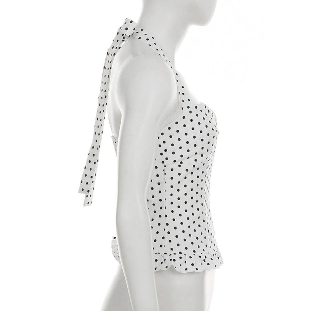 Lace Up Halter Ruffle Vest Top Slim Fit Women Camisole Comfortable Y2k Dot Crop Top Female